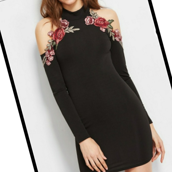 Cold Shoulder Bodycon Embroidered Halter Dress - Picture 6 of 6